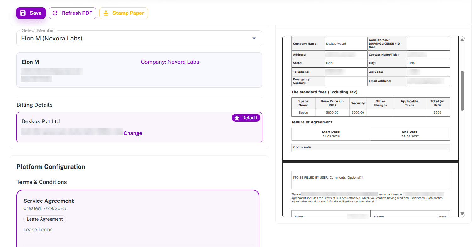 The agreement builder in the admin console: the member, billing entity and lease terms on the left, and the generated agreement previewing on the right with the fee table, the security deposit and the start and end dates already filled in