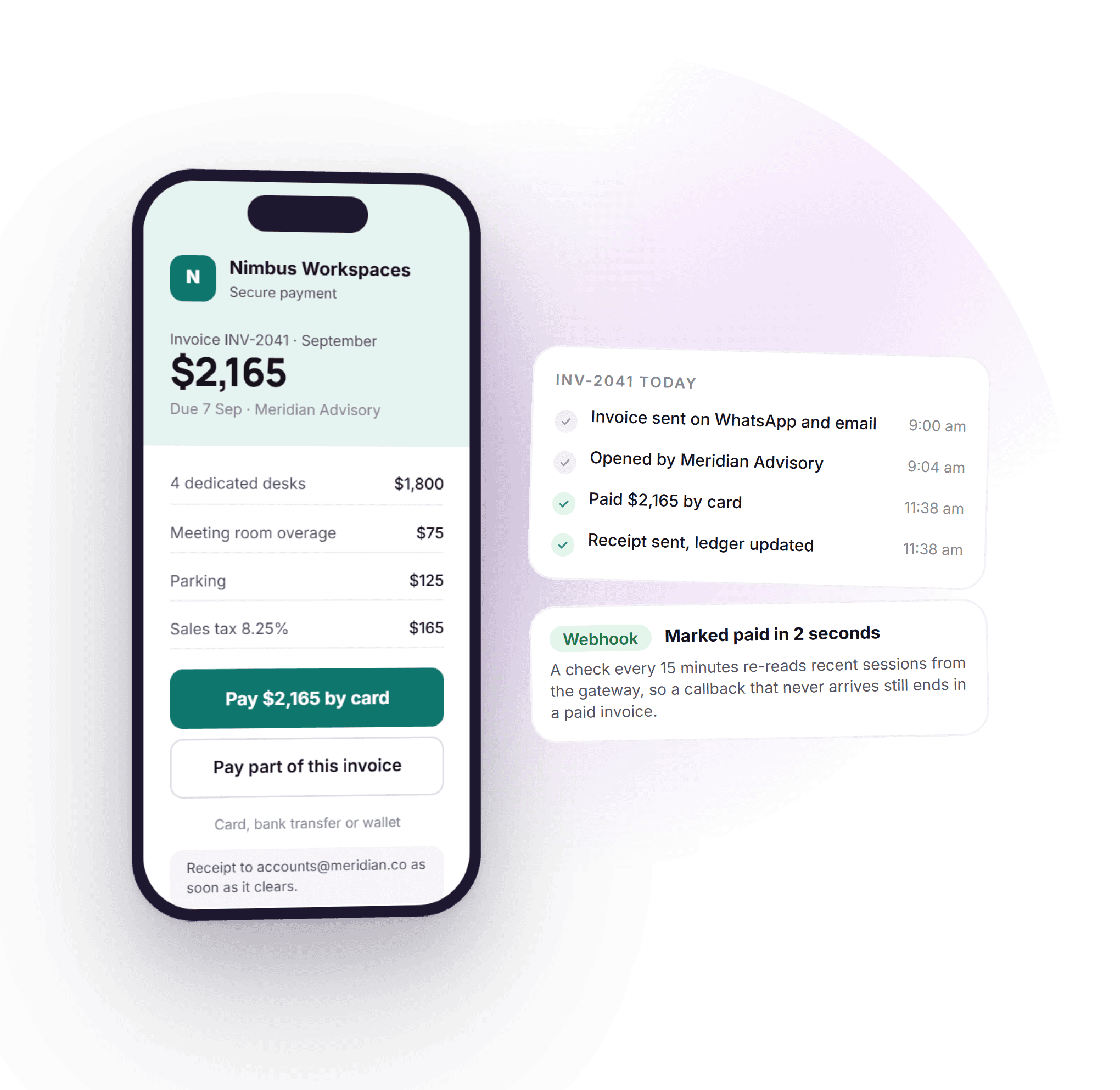 A hosted payment page on a phone for a coworking invoice, next to the timeline of the invoice being sent, opened, paid by card and receipted