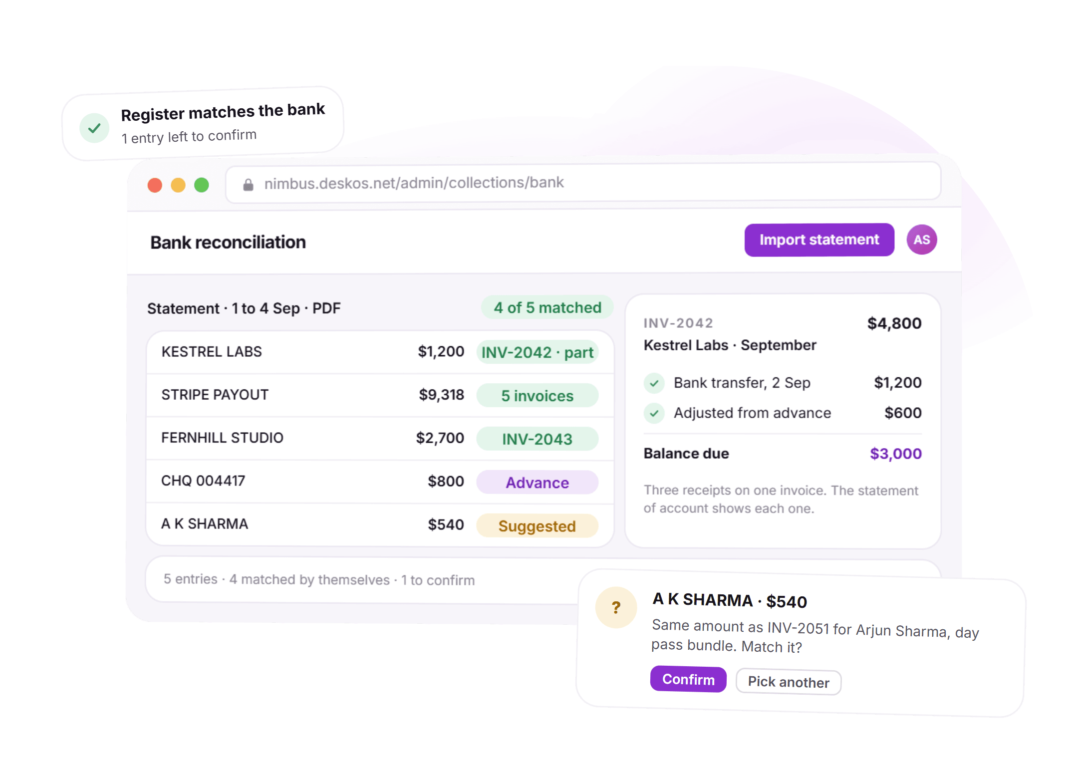 A bank reconciliation screen matching statement entries to coworking invoices, with one entry suggested for a person to confirm