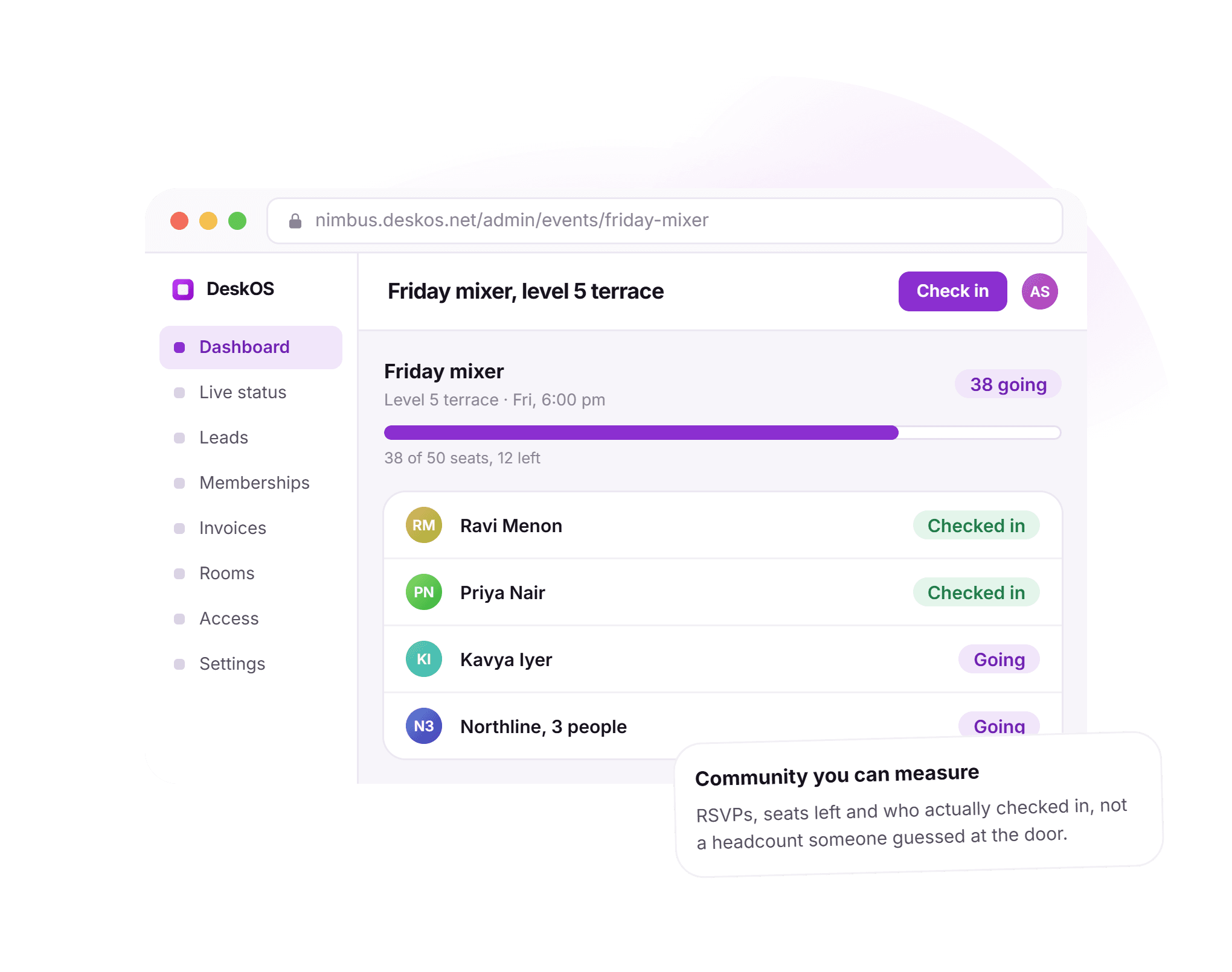 A DeskOS event page for a Friday mixer on the level 5 terrace: 38 of 50 seats going, a progress bar, and an attendee list showing two members checked in and two more going