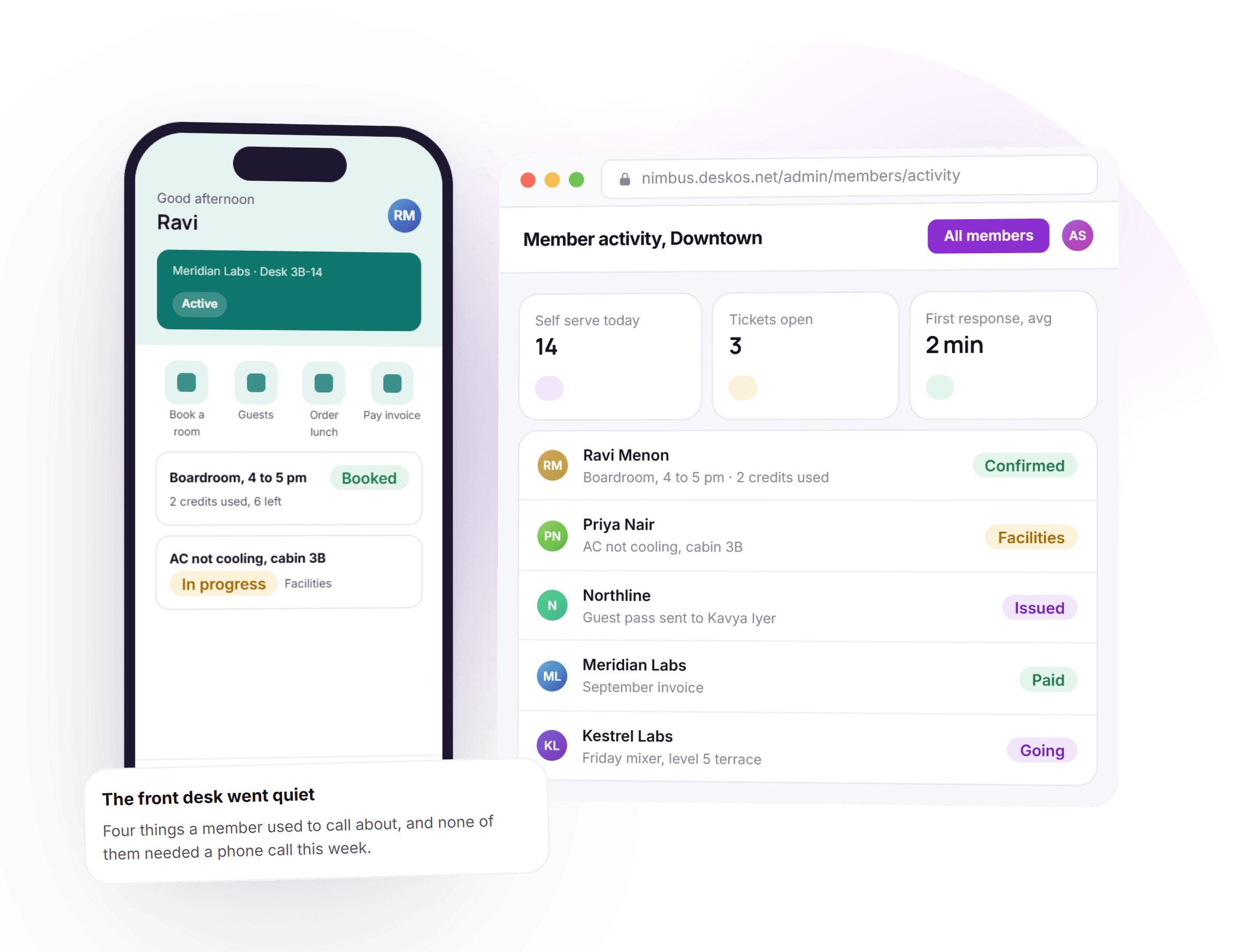 The DeskOS member app next to the admin activity view for a coworking location: a member's home screen with quick actions and two open items, and the admin side showing self serve counts, open tickets, average first response time and a feed of member activity