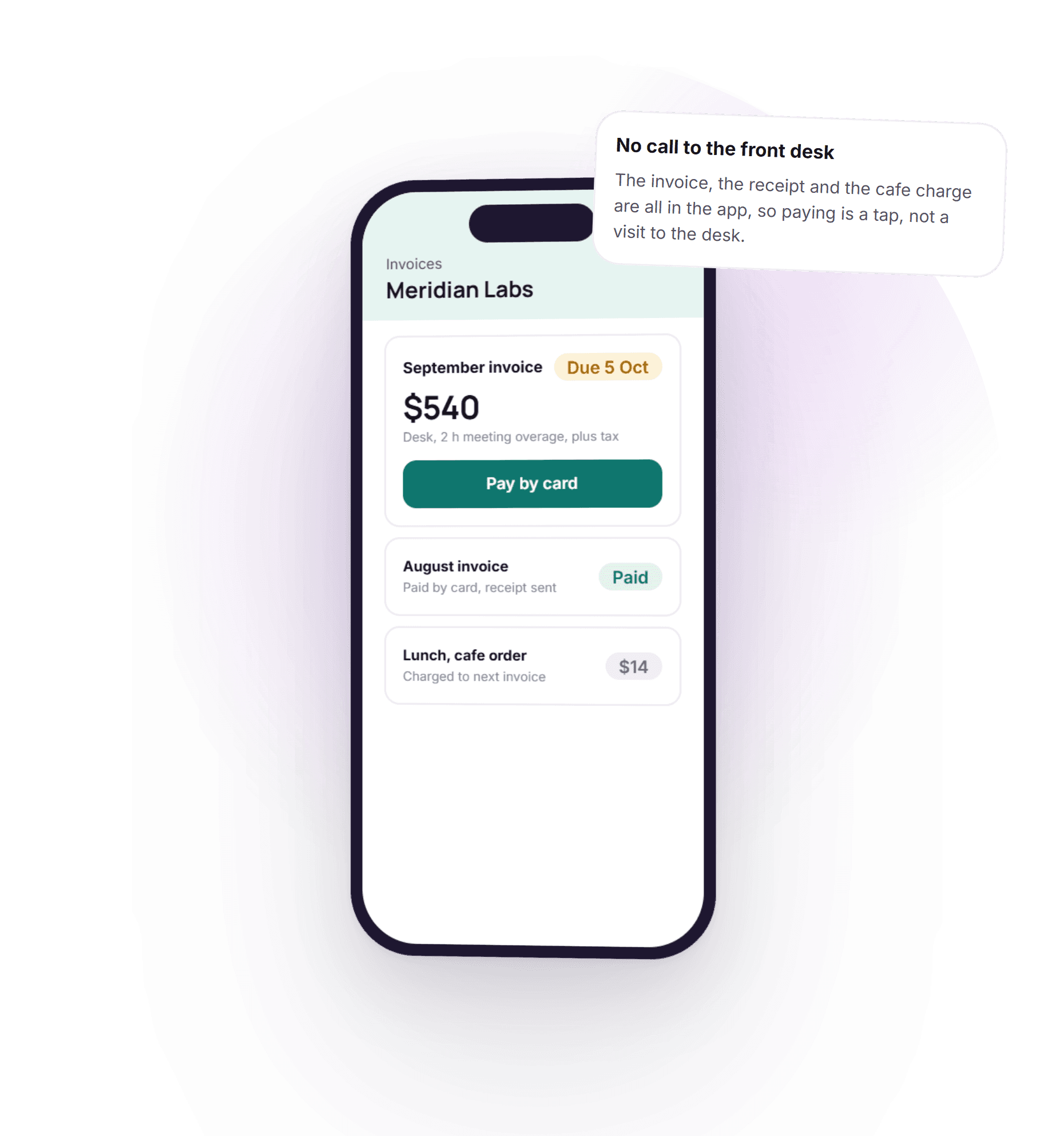 The DeskOS member app invoice screen: a September invoice for $540 due 5 October with a pay by card button, an August invoice marked paid, and a lunch order for $14 charged to the next invoice