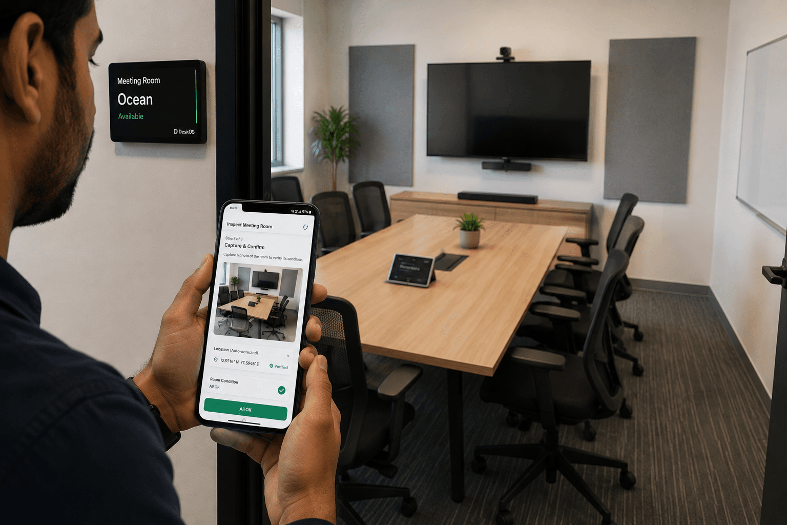 DeskOS Inspect open on a phone at the door of a meeting room, on the capture and confirm step with the photo taken and the location auto-detected, next to the room panel showing the room as available