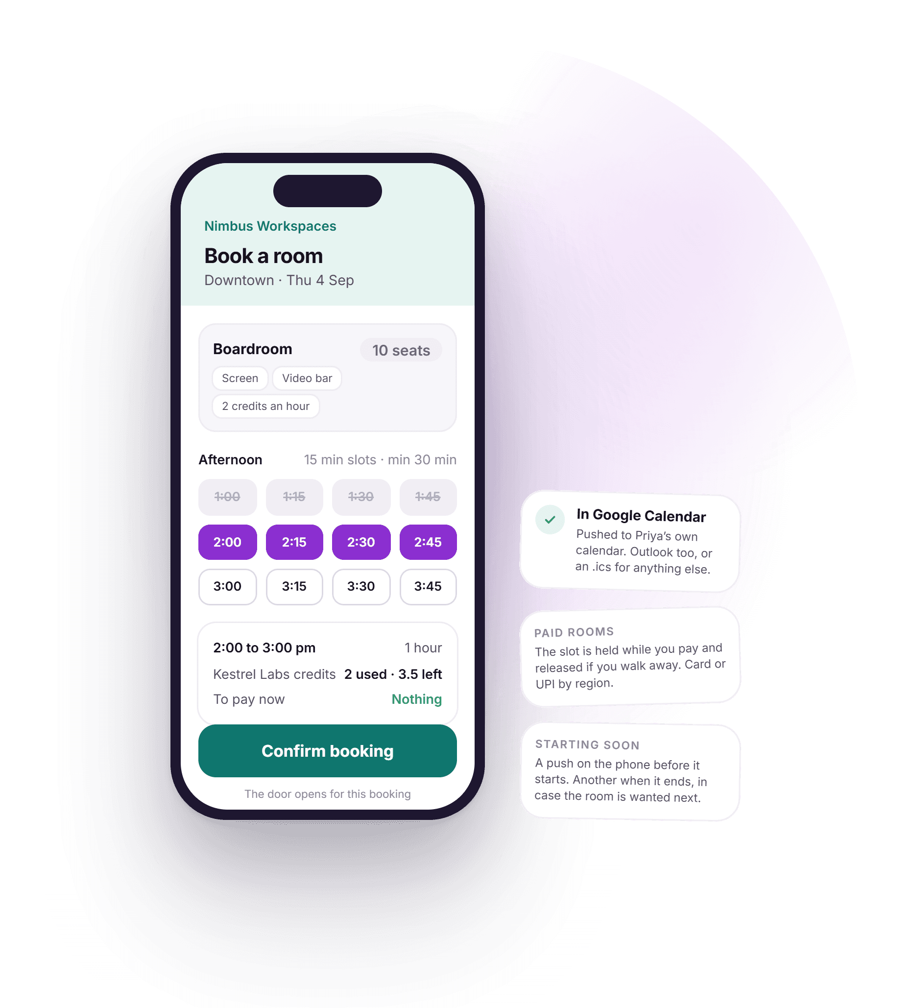 A phone showing the DeskOS member app booking a coworking meeting room: the Boardroom with its amenities, a grid of fifteen minute slots with an hour selected, the credits used and nothing to pay, a confirm button, and side cards about the calendar push, paid room holds and the starting soon notification