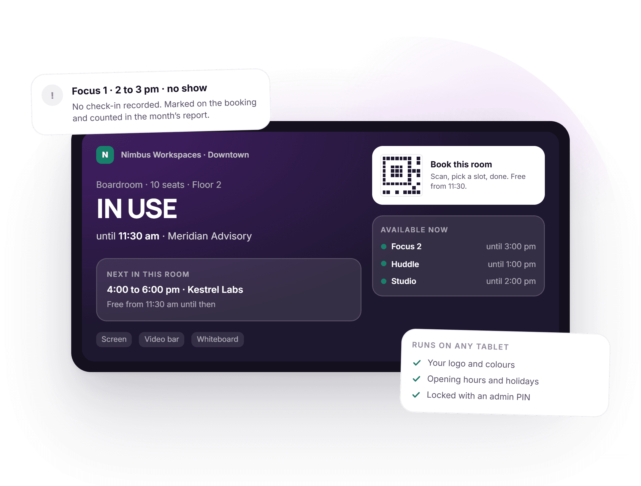 A DeskOS room panel on a tablet outside a coworking meeting room: the room shown as in use until 11:30 by a company, the next booking at 4 pm, a code to book the room on the spot, three other rooms available now, and cards noting a no show and that it runs on any tablet