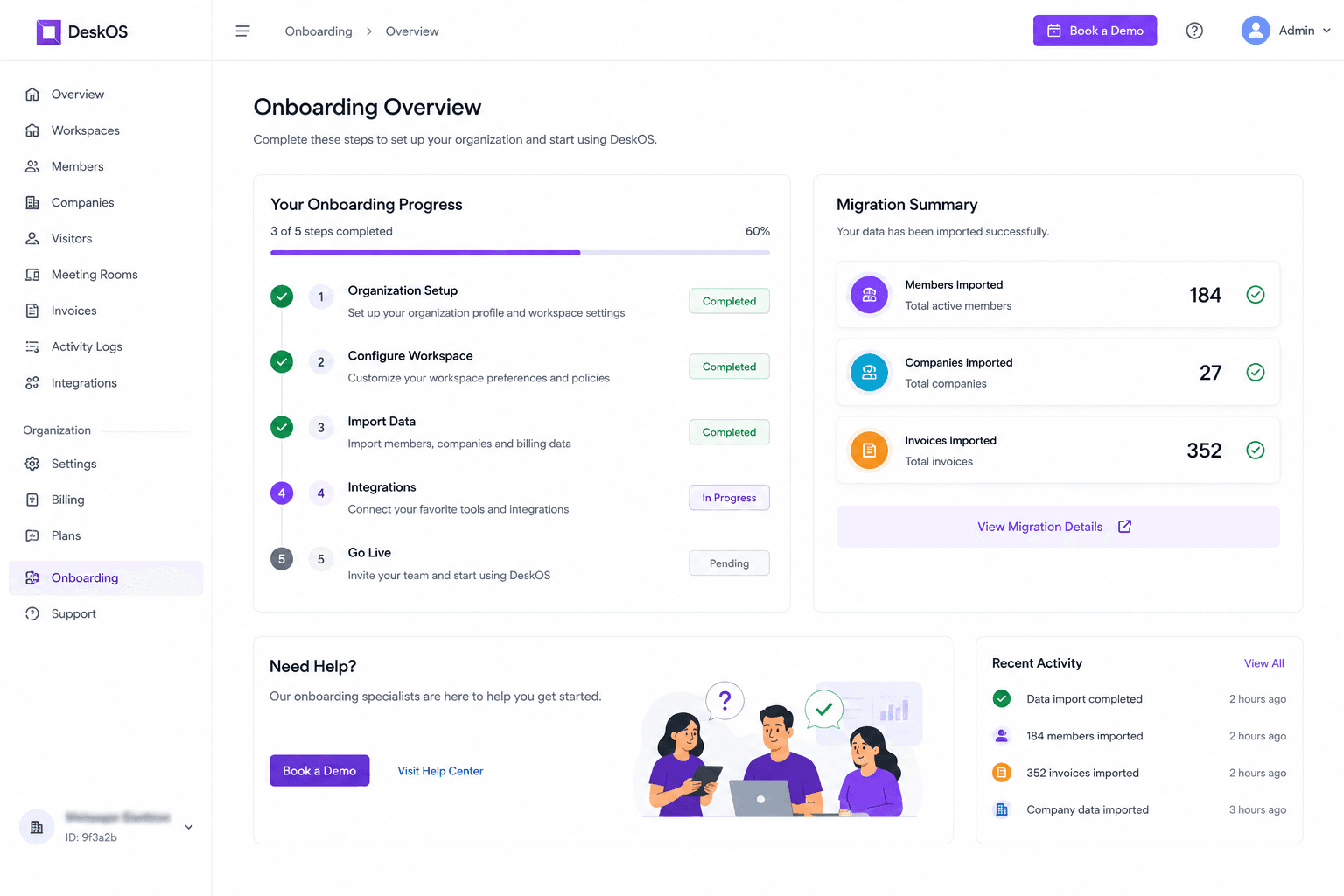 The onboarding tracker in the console: five steps with three complete, and a migration summary showing 184 members, 27 companies and 352 invoices imported