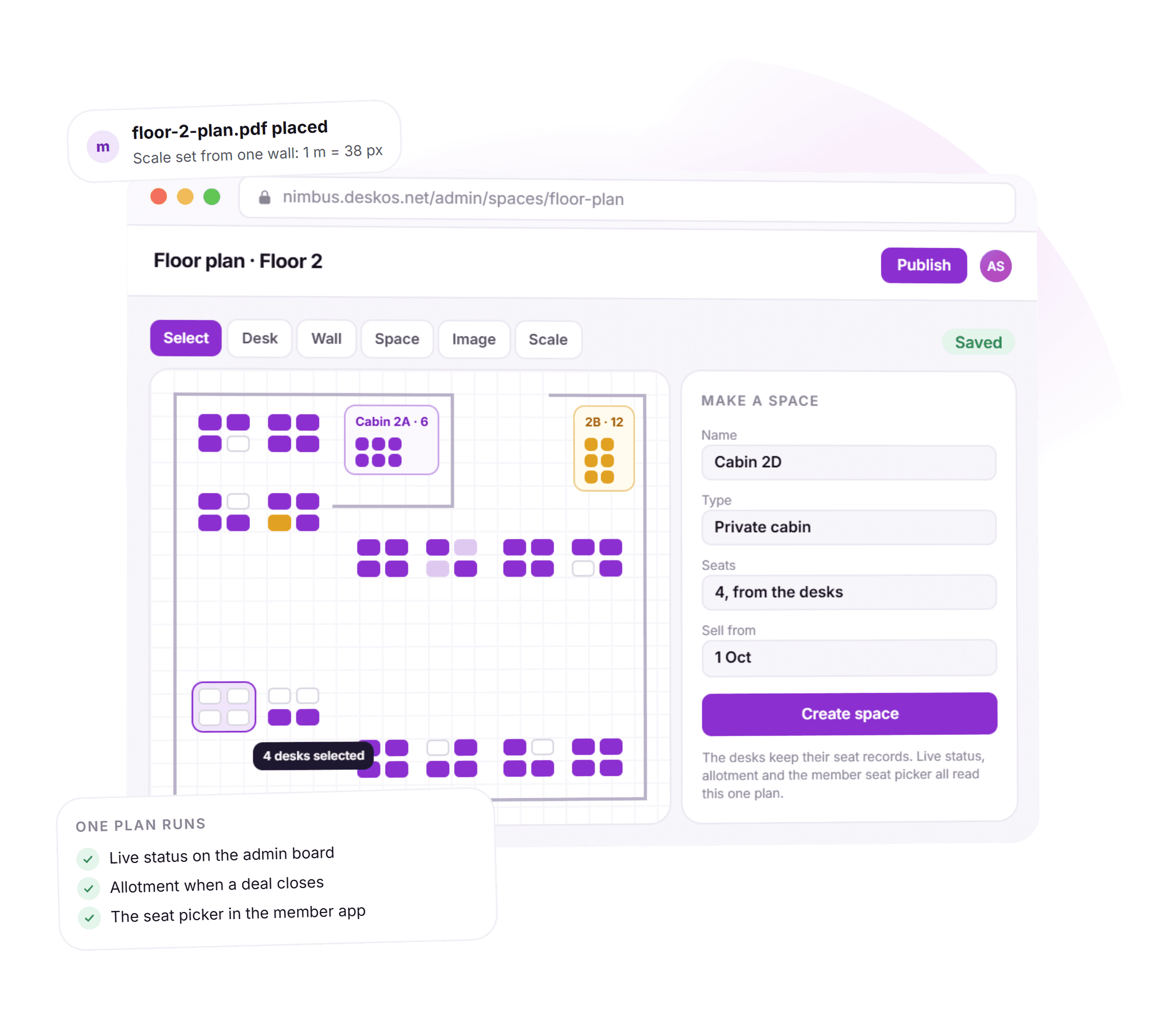 The DeskOS floor plan builder for a coworking space: a floor with walls and pods of desks drawn over an uploaded plan, four desks selected, and a side panel making them into a private cabin from 1 October