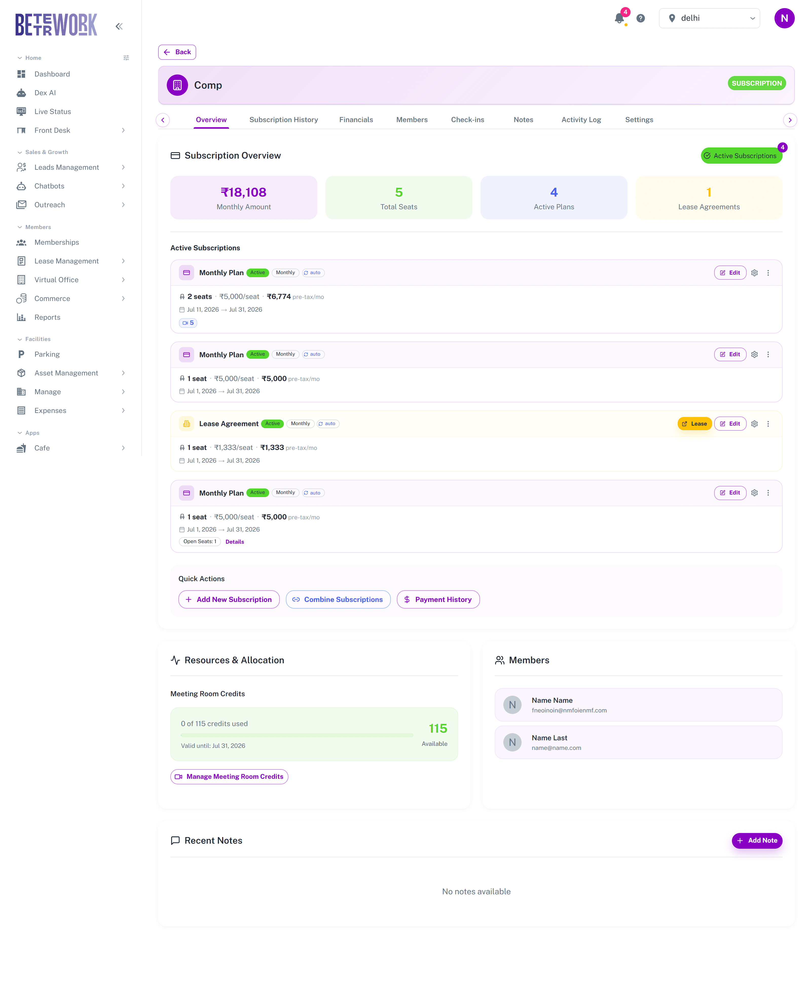 Company subscription workspace, Overview tab