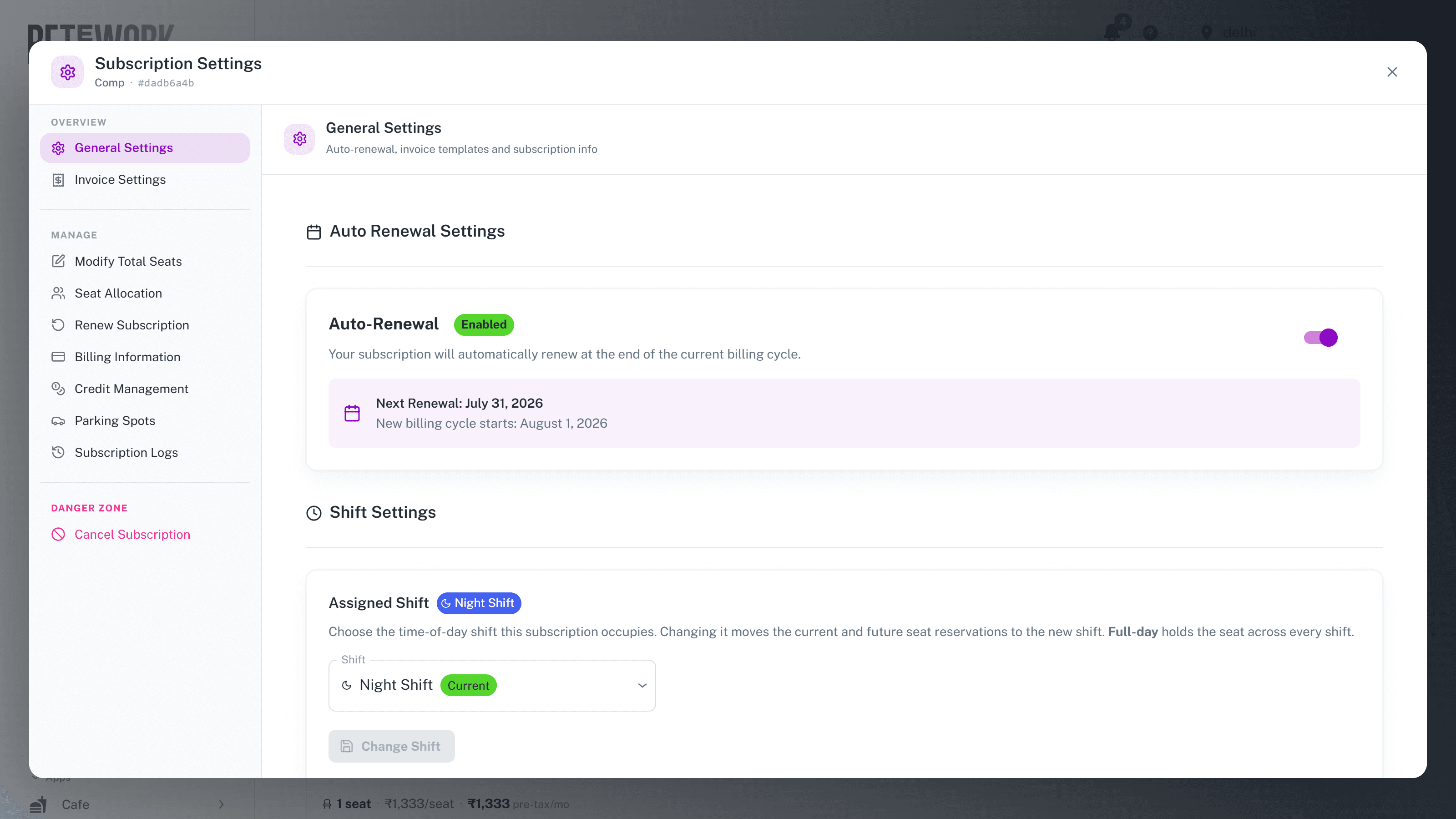 Subscription Settings dialog