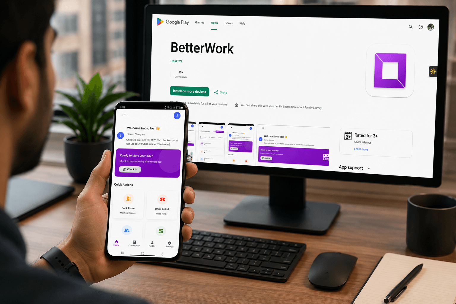 A whitelabelled DeskOS member app published to Google Play under the operator’s own name and icon, open on the store listing, with the app itself running on a handset in front of it