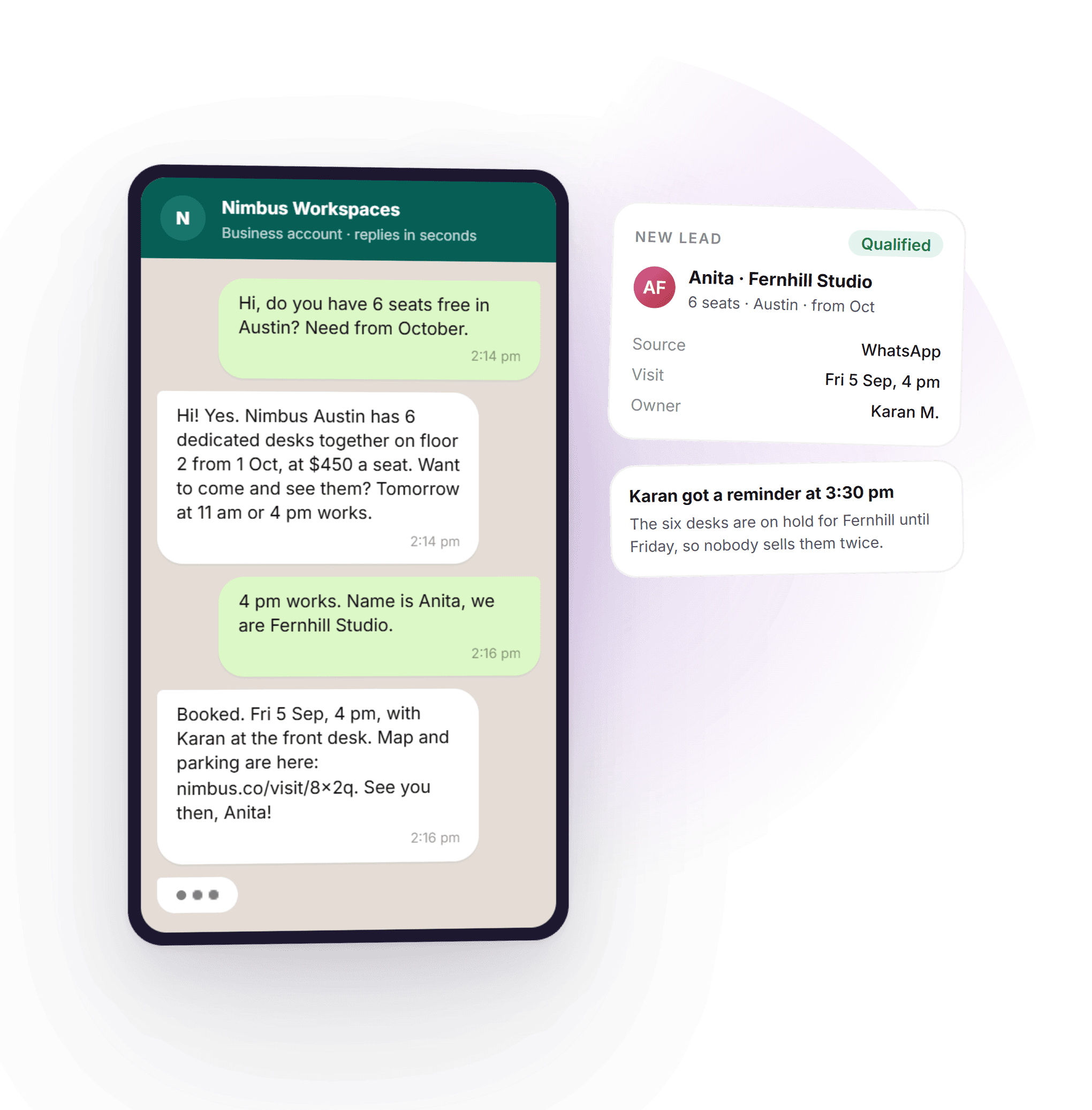 A WhatsApp conversation where an enquiry about desks is answered, qualified and booked for a visit, with the lead card that DeskOS created from it