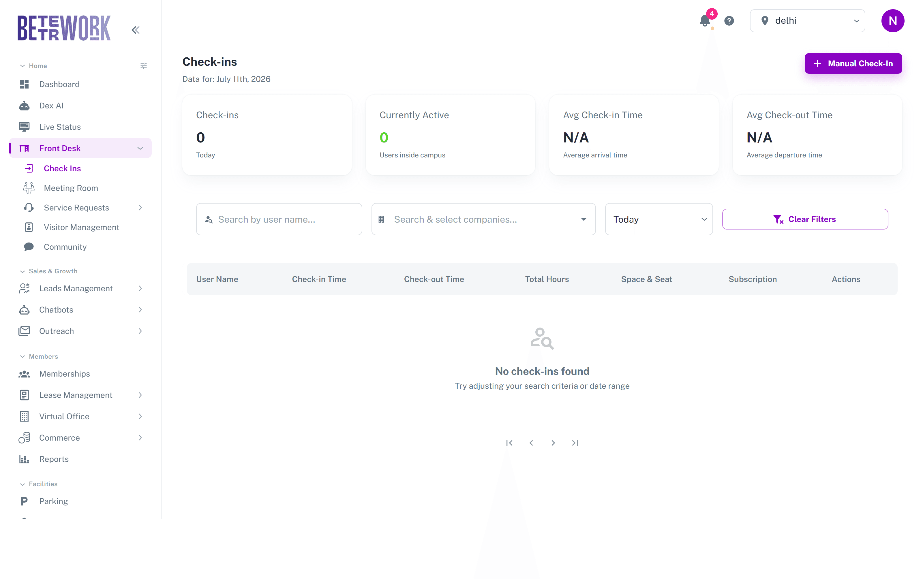 Check Ins page