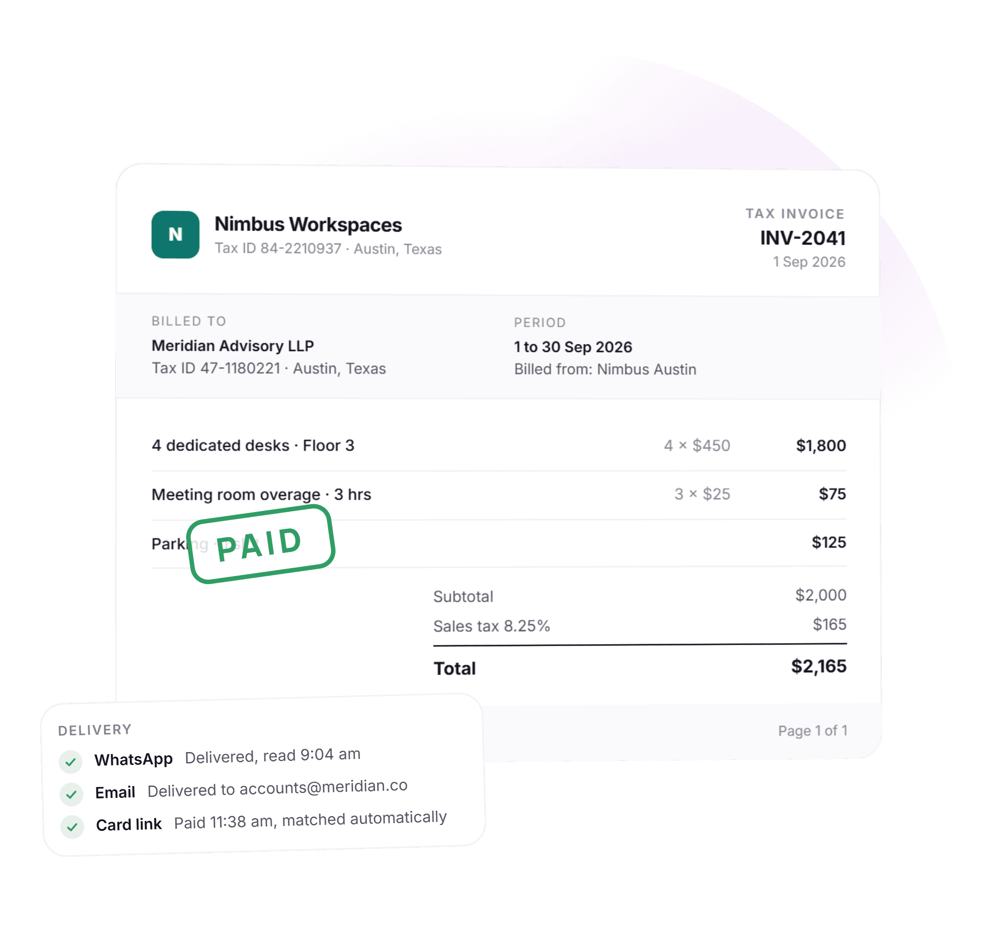 A tax invoice from a coworking operator with a paid stamp, next to the timeline of it being sent on WhatsApp and email and paid by card