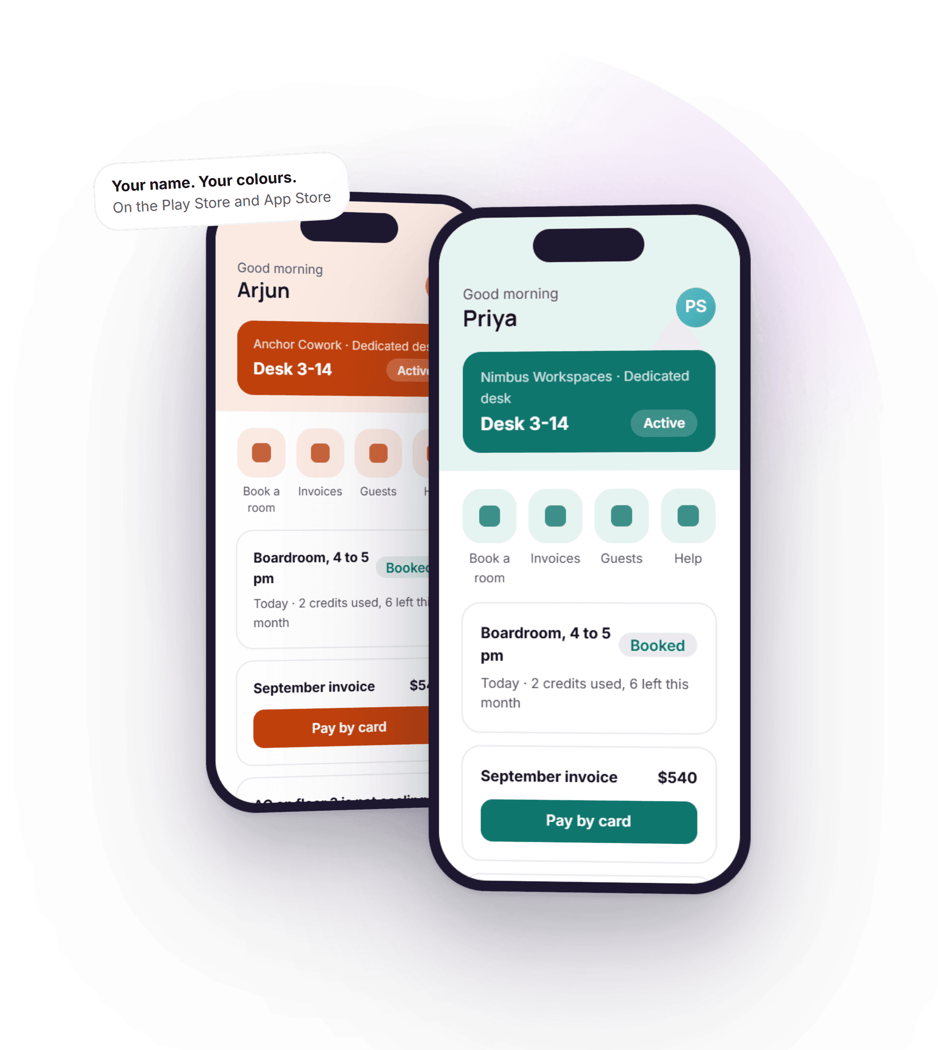 Two phones showing whitelabel member apps for two different coworking brands, each with its own colours and logo