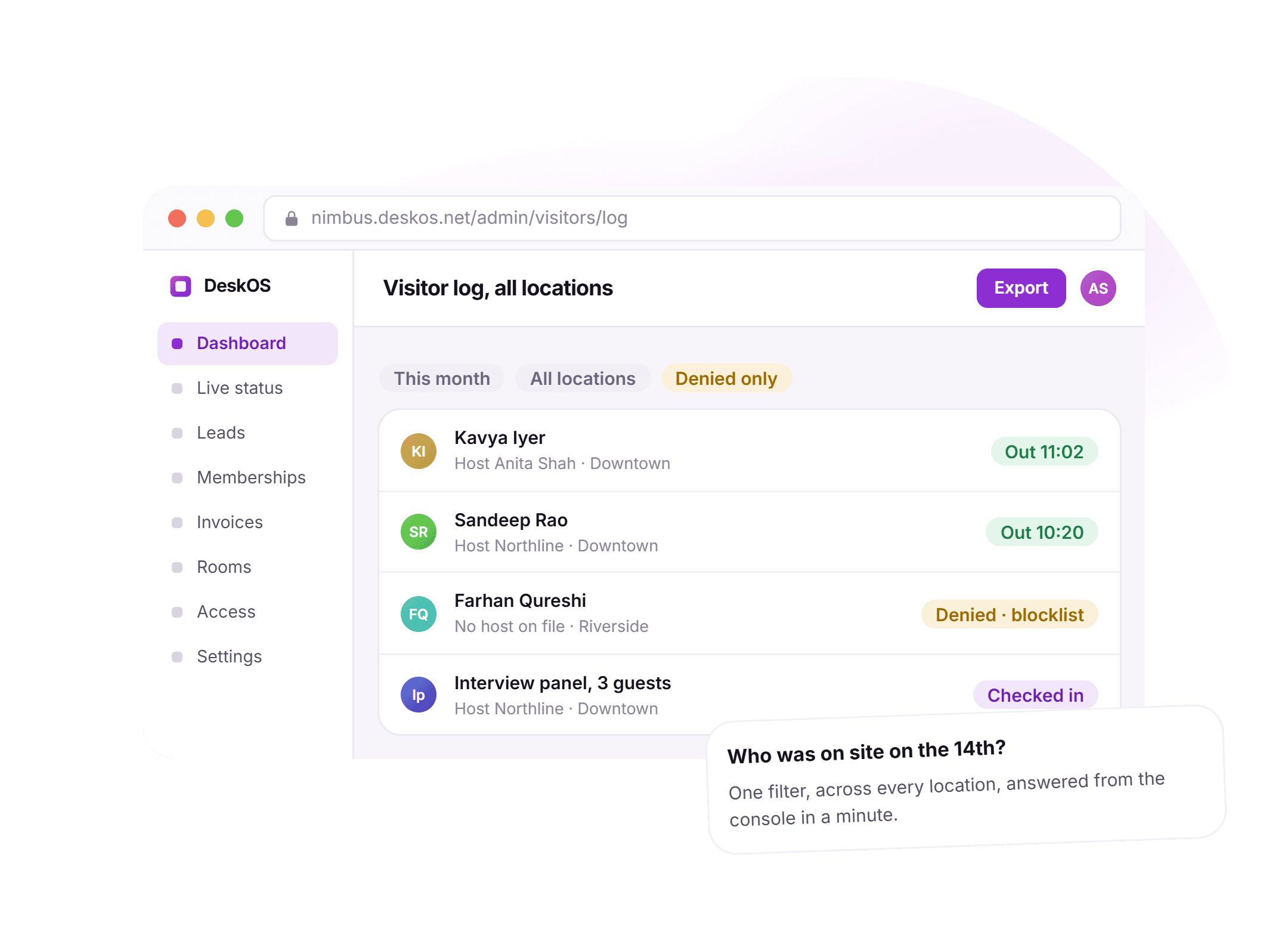 The DeskOS visitor log across locations filtered to this month and denied entries: rows for a checked-out guest, a checked-out walk-in, a blocklist denial and an in-progress interview panel, with a card about answering a landlord question in a minute