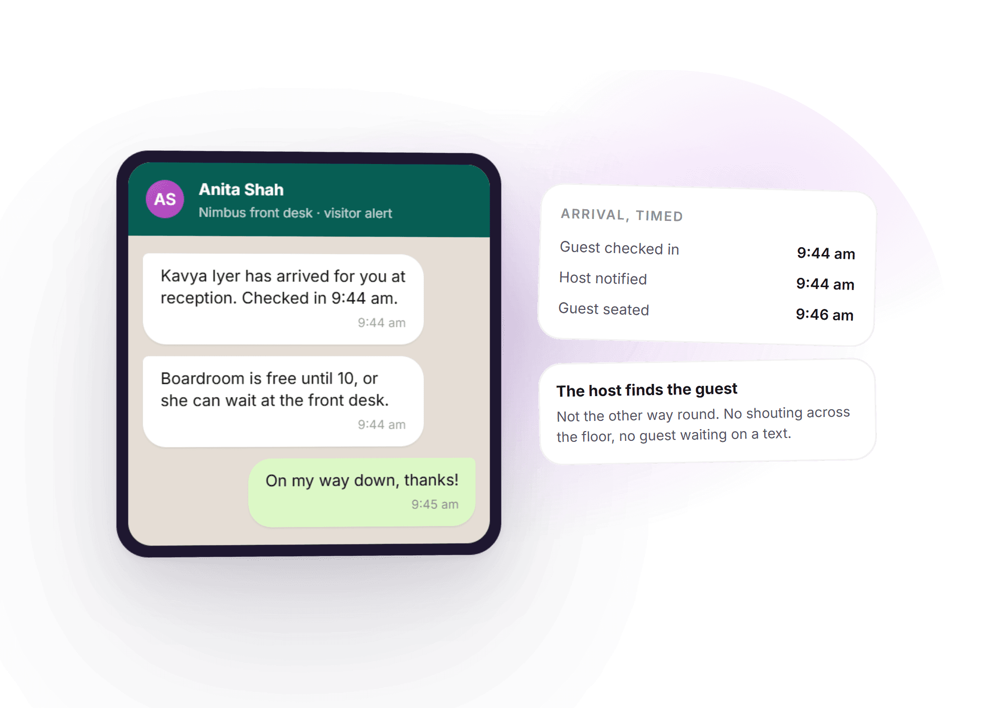 A WhatsApp message to a coworking host reading that their guest has arrived at reception, next to a timed arrival record showing the guest checked in, the host notified and the guest seated within two minutes
